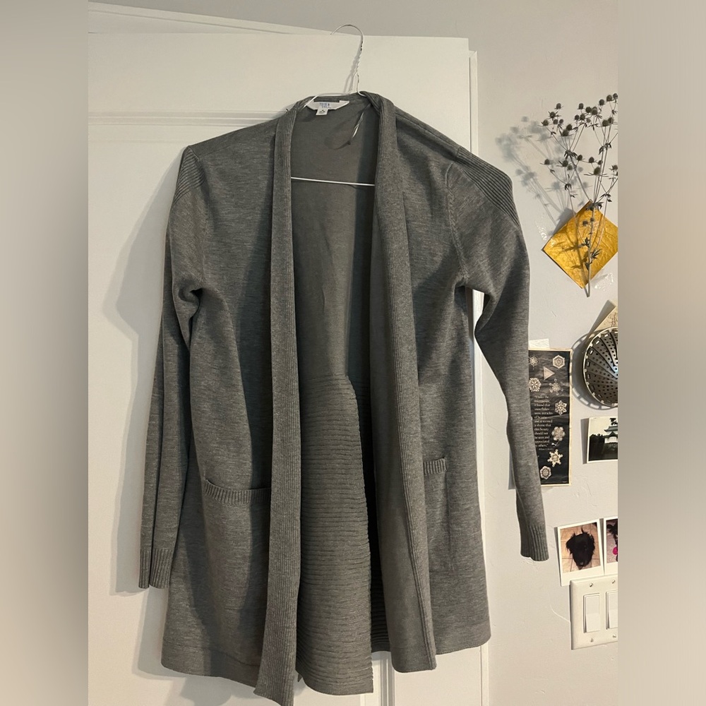 Gray Open Front Cardigan with Pockets